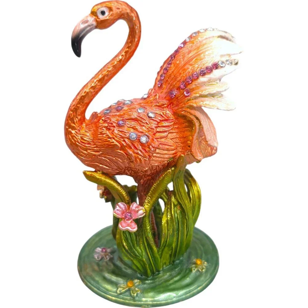 Pink Flamingo Jewelry Trinket Box Hinged Magnetic Clasp Enamel Crystal Jewels 4